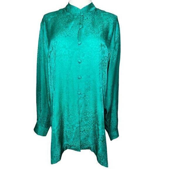 Vintage‎ Anna and Frank Green Silk Long Sleeve Button Down Shirt Size Large - Picture 1 of 7